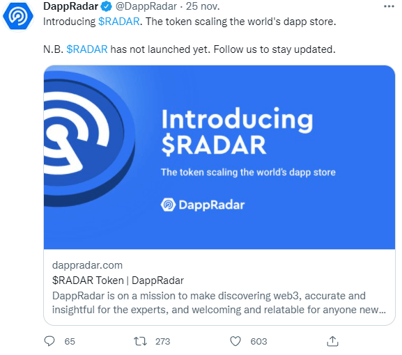 Publication Twitter DappRadar - lancement jeton gouvernance RADAR