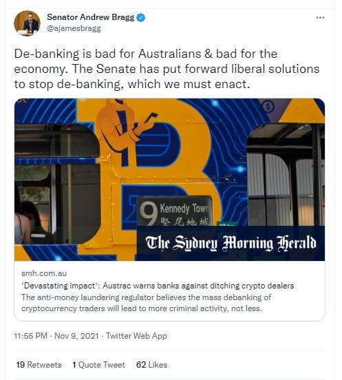 Ce sénateur australien déplore le debanking des acteurs cryptos, une attitude anti-concurrentielle des banques.