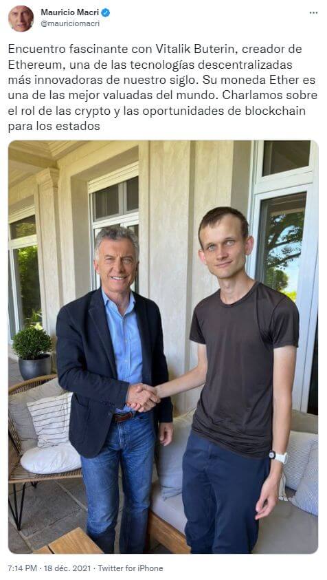 Publication Twitter Mauricio Macri - rencontre Vitalik Buterin