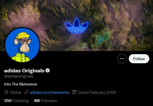 Profil d’Adidas sur Twitter qui affiche clairement son engouement envers le métavers. Aussi la photo de profil est un Bored Ape créé spécialement par Adidas aux couleurs de la marque. 