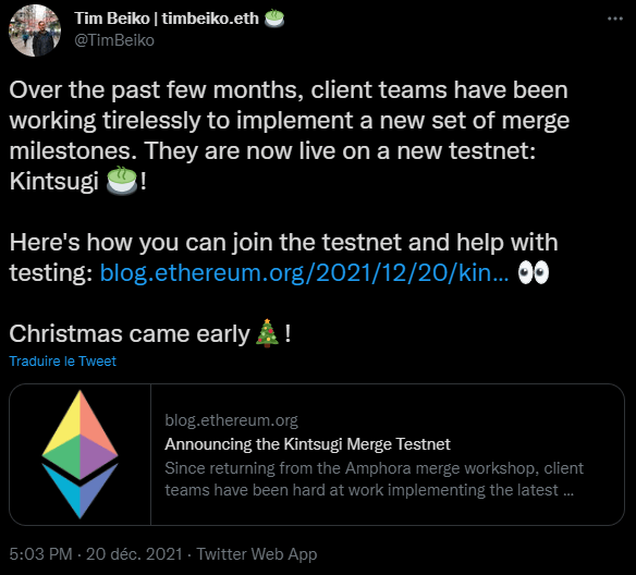 Publication Twitter Tim Beiko - premier testnet Kintsugi