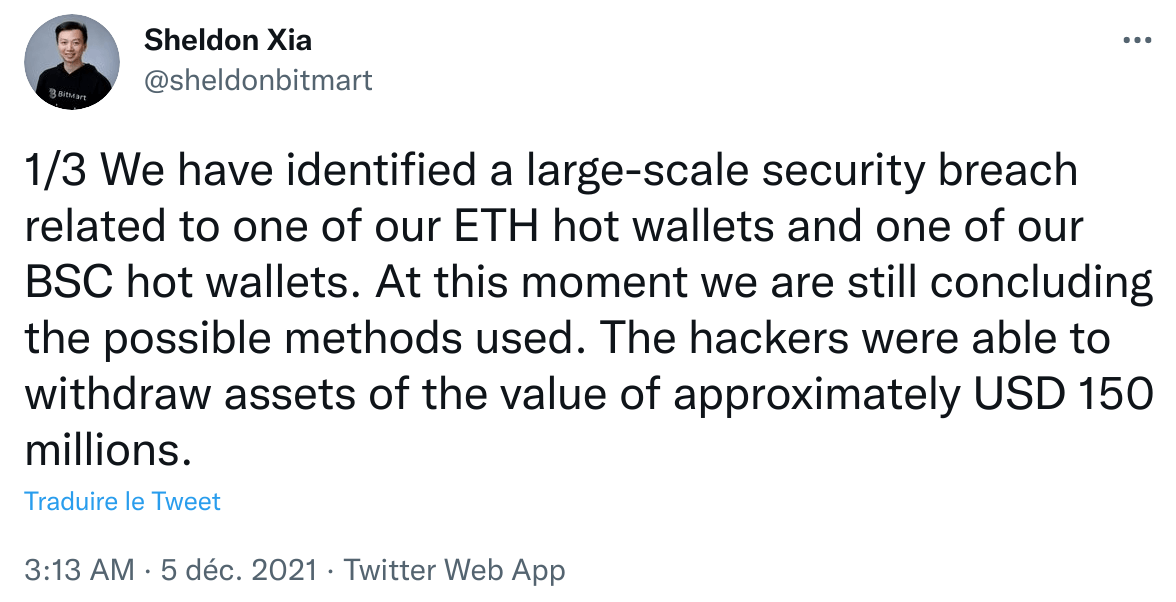 Publication Twitter Sheldon Xia - hack BitMart