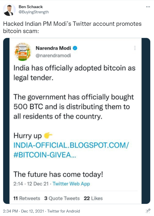 Fausse publication Twitter Narendra Modi - achat 500 bitcoins Inde airdrop