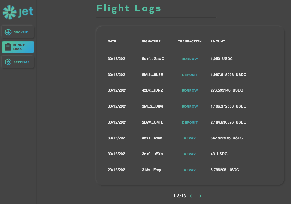 Récapitulatif de vos transactions sur Jet Protocol