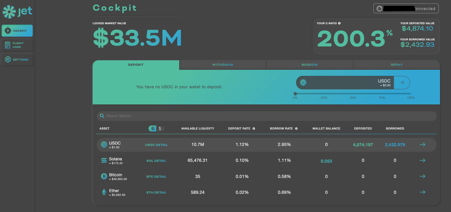 Tableau de bord récapitulatif des sommes sous séquestre, de celles empruntées et de votre taux d'endettement actualisé sur Jet Protocol