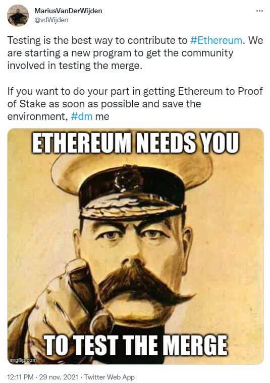 Publication Twitter Marius van der Wijden - programme partenariat test The Merge Ethereum 2.0