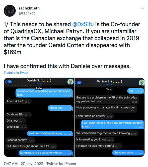 Échanges zachxbt.eth Daniele Sestagalli, véritable identité 0xSifu 