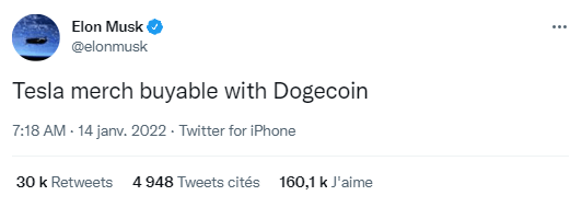 Elon Musk autorise des paiements en DOGE sur la boutique Tesla