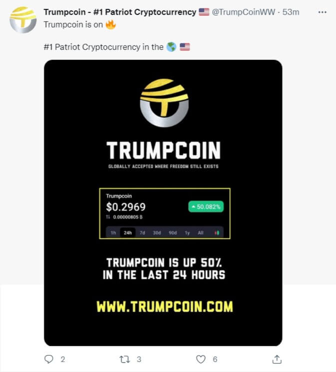 Publication de TrumpCoin - explosion cours 0,2969 dollar