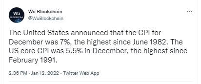 Les chiffres de l'inflation de décembre 2021 aux Etats-Unis permettent à bitcoin (BTC) de récupérer momentanément les 44 000 $.