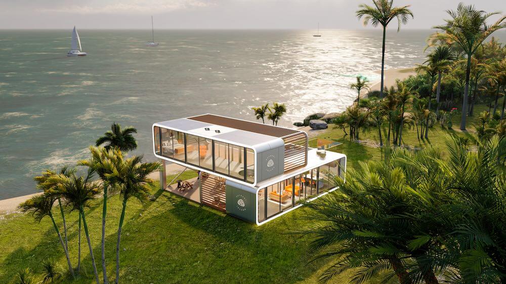 Représentation 3D d'une villa composée de deux "Satoshi Island Module"
