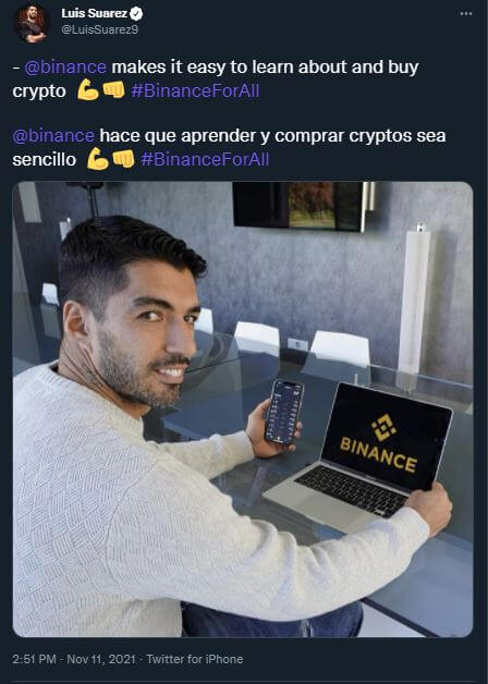 Suarez promotionnant Binance sans avertir des risques