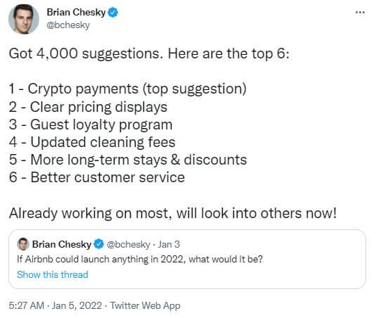 Publication Twitter Brian Chesky - sondage paiements cryptomonnaies 2022