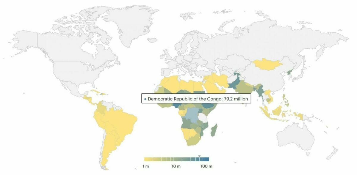 Population n'ayant pas accès direct à l'électricité en 2019. 79,2 millions de personnes n'ont pas d'accès direct à l'électricité en République Démocratique du Congo.