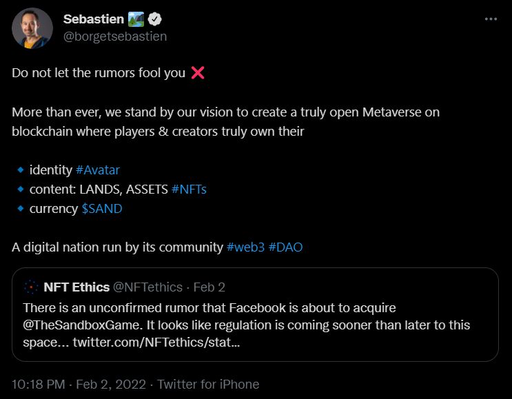 Tweet : démenti de Sébastien Borget. Facebook ne rachètera pas The Sandbox et son métavers.