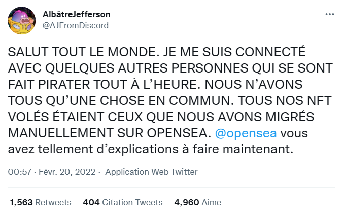 C'est dans la nuit du samedi 19 février que l'alerte a été lancée. Un utilisateur du réseau social Twitter a annoncé que plusieurs de ses NFT avaient été dérobés.