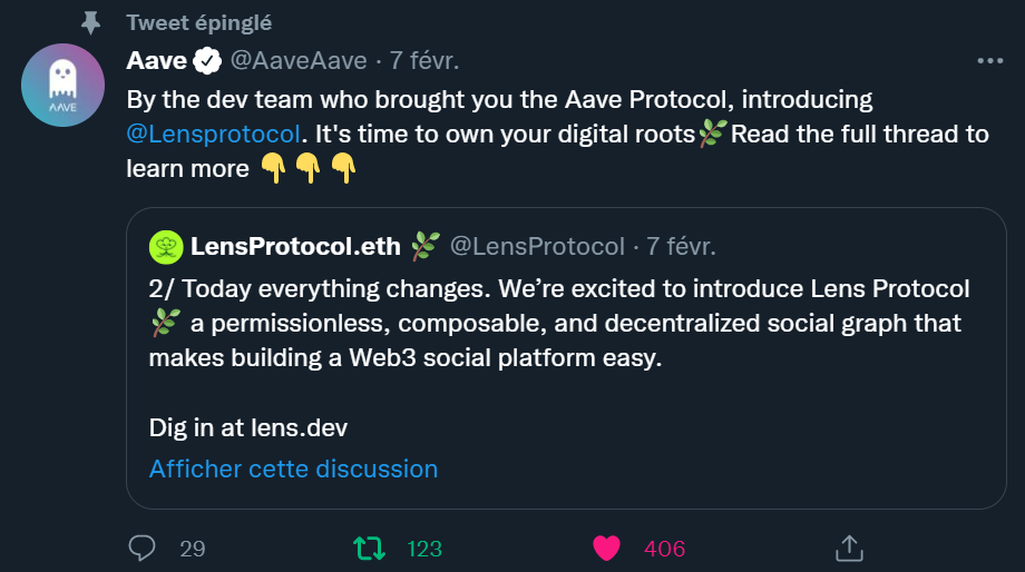 Dans un tweet, AAVE présente le Lens Protocol, une application de réseau social open-source et décentralisée.