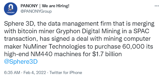 Tweet de Panony : Sphere 3D, la société de gestion de données qui fusionne avec le mineur de bitcoins Gryphon Digital Mining dans le cadre d'une transaction SPAC, a signé un accord avec le fabricant d'ordinateurs miniers NuMiner Technologies pour acheter 60 000 de ses machines NM440 haut de gamme pour 1,7 milliard de dollars.