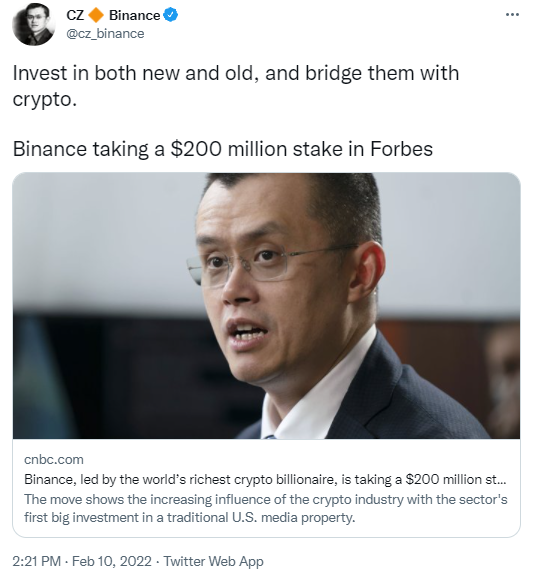 CZ se félicite de l'investissement de Binance dans Forbes