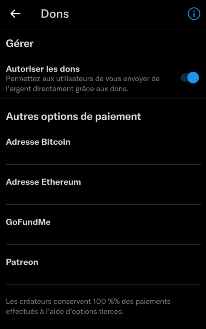 Interface twitter sur téléphone : l'option paiement Ethereum est disponible.