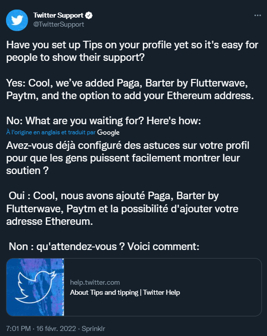 Annonce sur la page officielle de Twitter pour l'ajout de la fonctionnalité de dons en ETH
