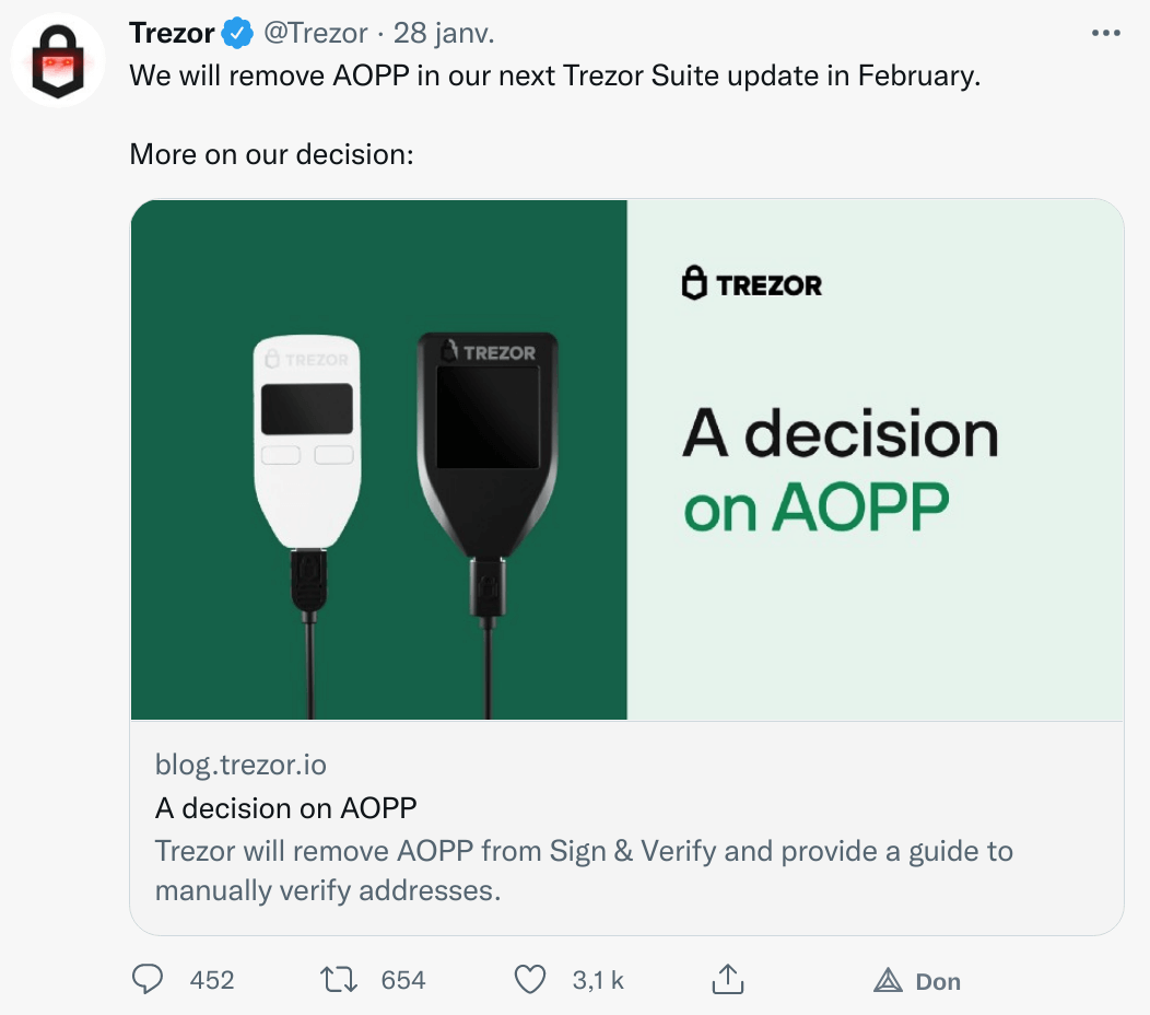 Publication Twitteer Trezor - annonce de l'abandon d'AOPP pour le mois de février