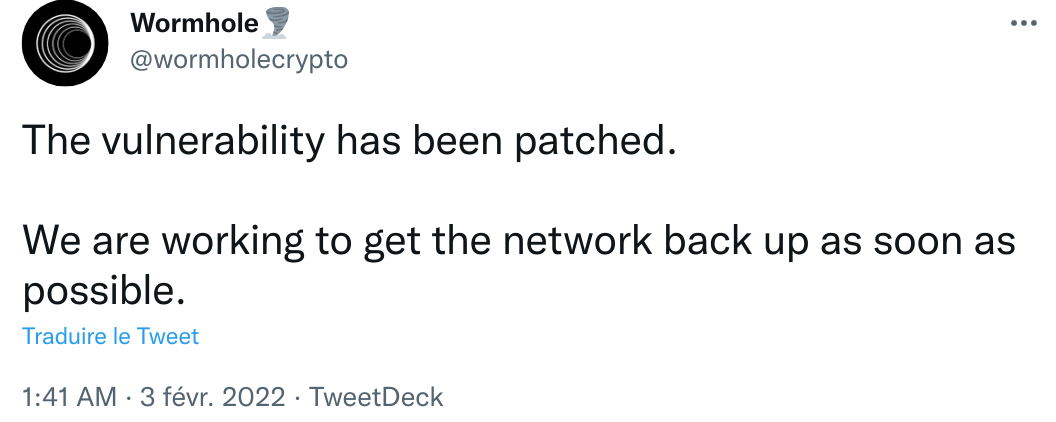 Tweet annonçant la correction du bug de Wormhole 