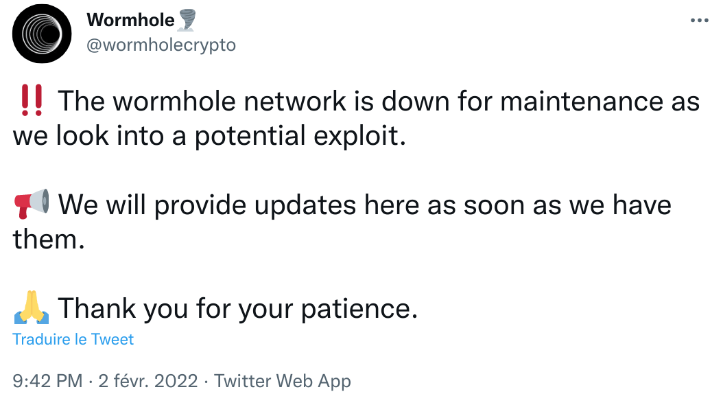 Premier tweet de Wormhole concernant l'attaque
