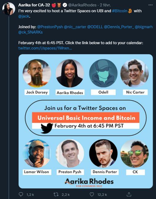 Publication Twitter d'Aarika Rhodes pour prévenir ses followers de la tenue d'un Twitter Spaces avec Jack Dorsey sur le thème du revenu universel de base et de Bitcoin.