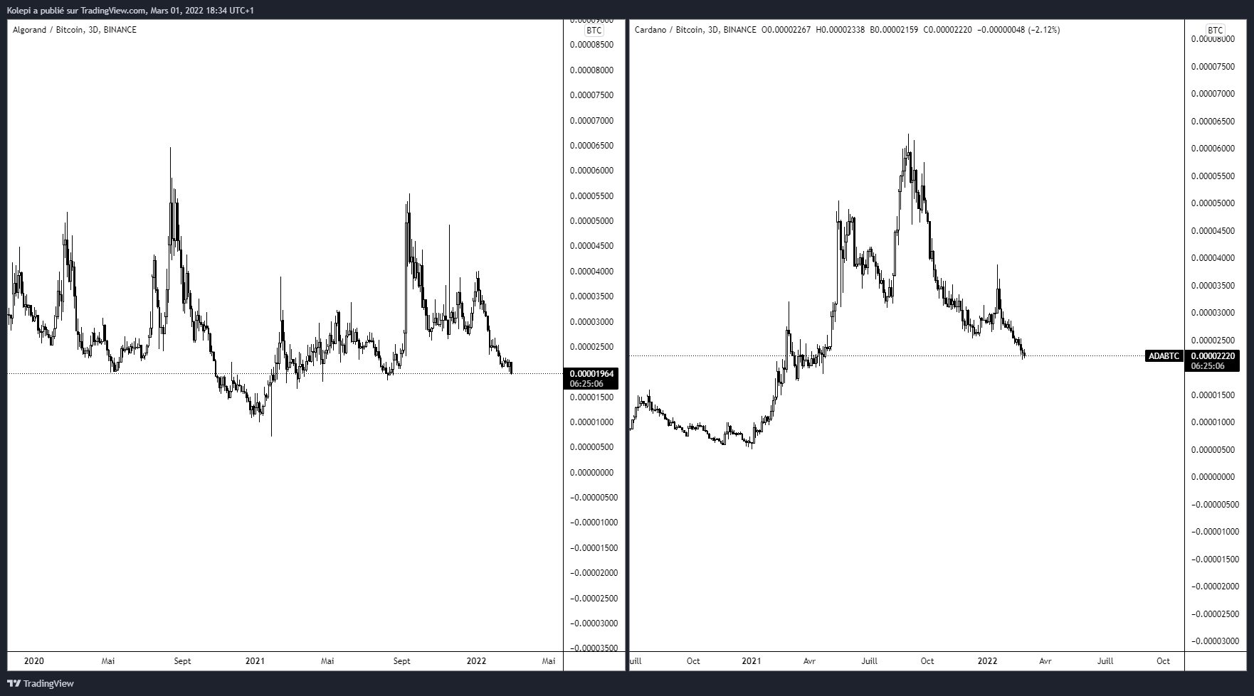 Deux exemples d’alt paraissant faibles face au Bitcoin : Algo et Cardano. 