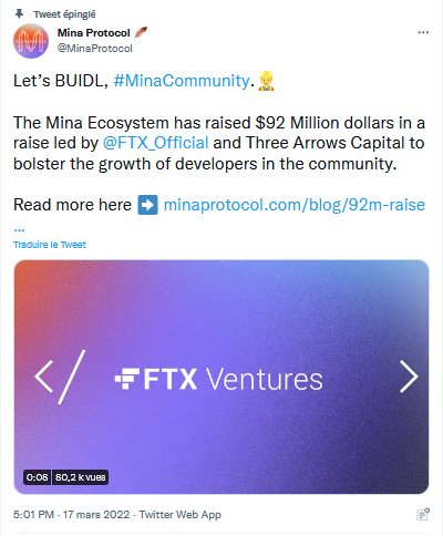 Ftx ventures et Three Arrows capital sont les principaux acteurs de cette levée record dans l'ecosystème blockchain qui a vu le plébiscite de Mina protocol