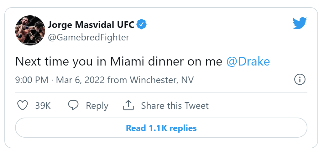 Tweet de Jorge Masvidal invitant Drake à manger aprés qu'il ait parié sur lui.