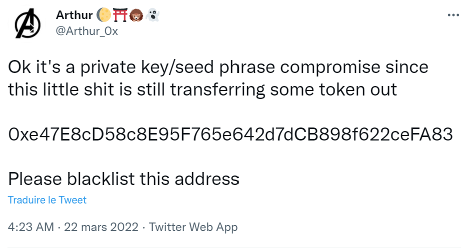 Arthur_0x appelle à blacklister l'adresse du hacker qui lui a volé ses NFT