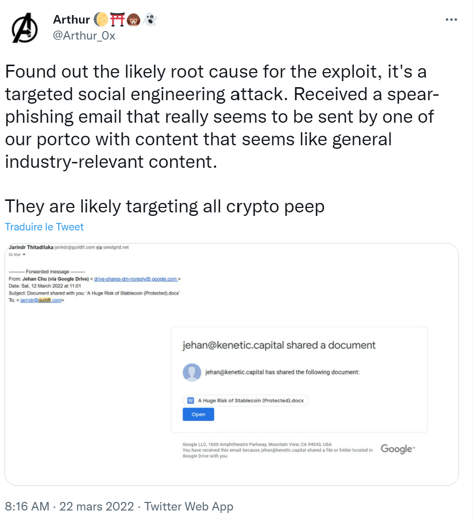 Arthur semble avoir trouvé la racine du mal, un email de phishing.
