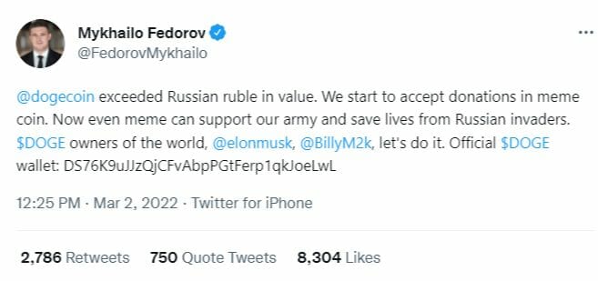 Tweet du vice-président ukrainien Mykhailo Fedorov annonçant accepter le DOT pour des dons crypto.