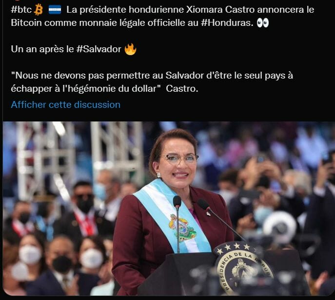 Exemple de tweet annonçant - à tort - le Bitcoin comme monnaie à cours légale au Honduras.