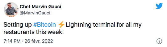 Marvin Gauci annonce la mise en place du terminal Bitcoin Lightning pour tous (ses) restaurants.