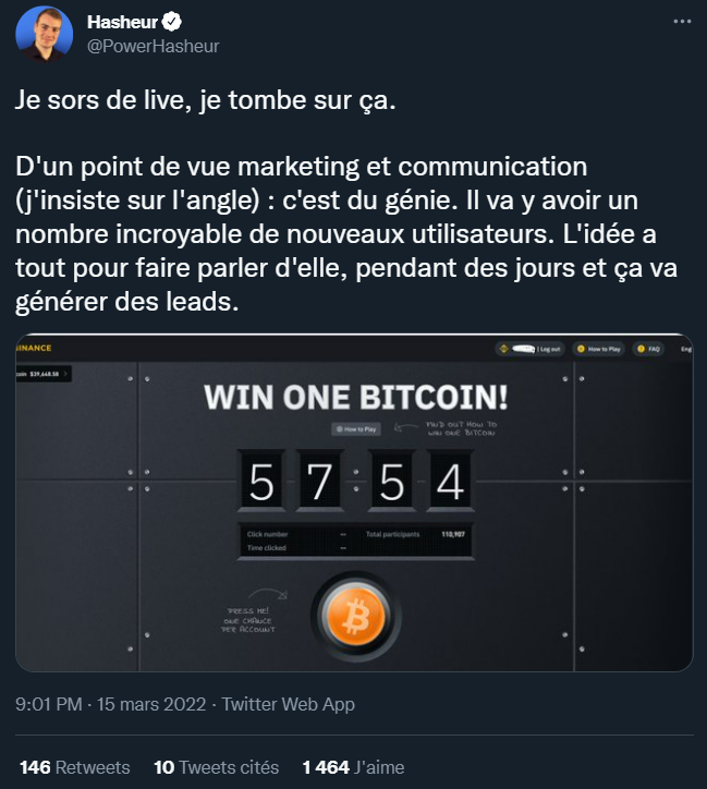 Hasheur (Owen Simonin) s’exprime sur Tweeter à propos du nouveau jeu de Binance.