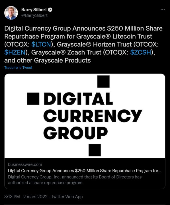 Tweet du fondateur et PDG de Digital Currency Group