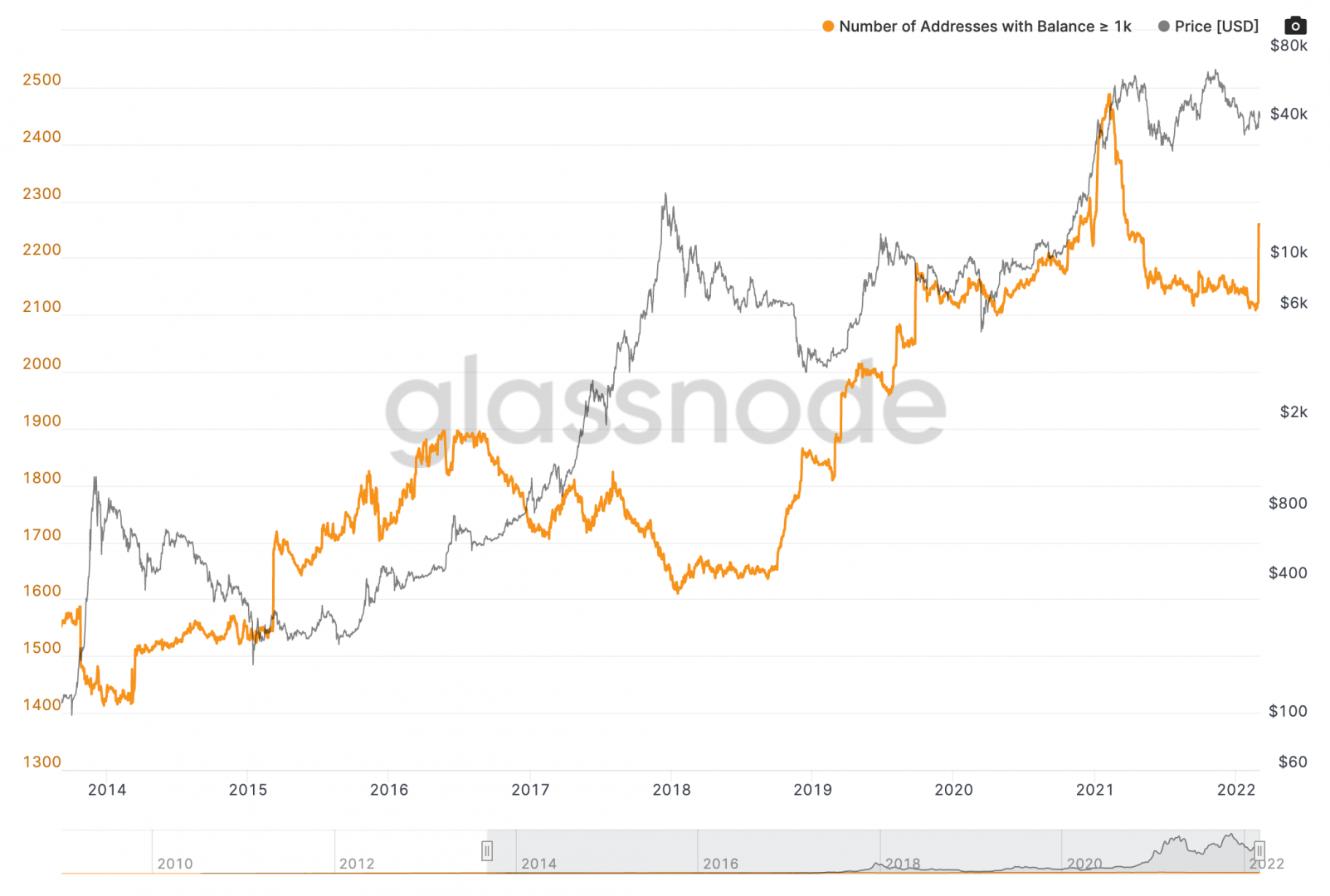 Graphique du nombre d'adresses avec un portefeuille supérieur à 1k de Bitcoin 