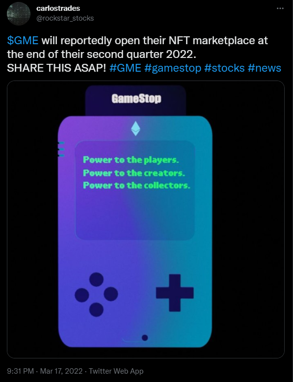 GameStop a annoncé que la sortie de sa plateforme d'échange de NFT devrait avoir lieu d'ici la fin du deuxième trimestre 2022. 