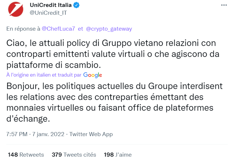 Capture écran tweeter déclaration d'Unicredit Italia sur les monnaies virtuelles le mining de BTC.