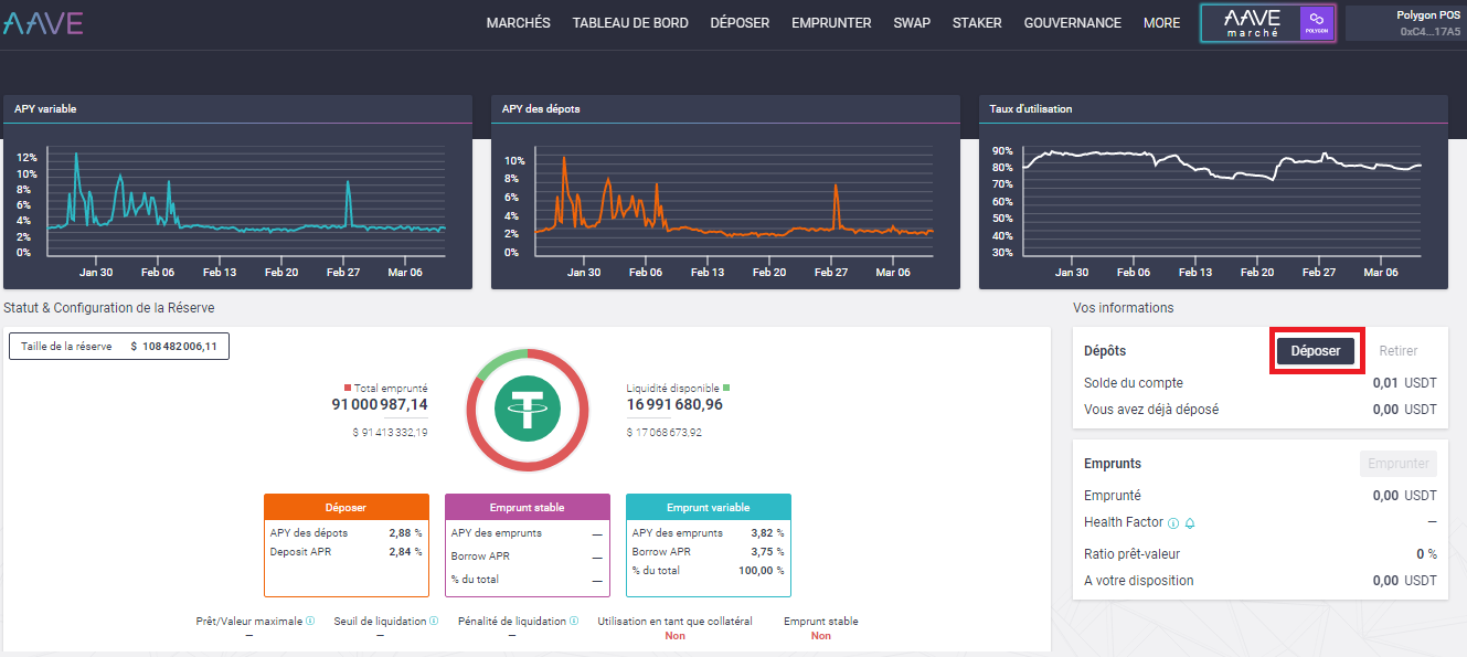 Dépôt d'USDT sur AAVE.