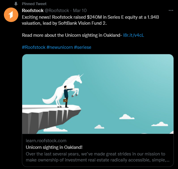 Tweet Roofstock sur la réussite de sa levée de fonds en Série E d'un montant de 240 millions de dollars. 