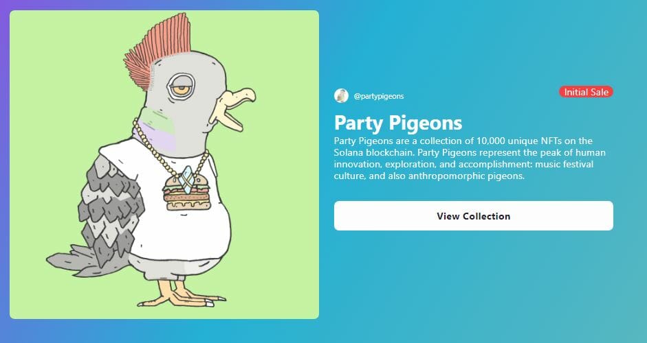 Les NFT Party Pigeons peuvent être achetés via le distributeur automatique de NFT de Neon.