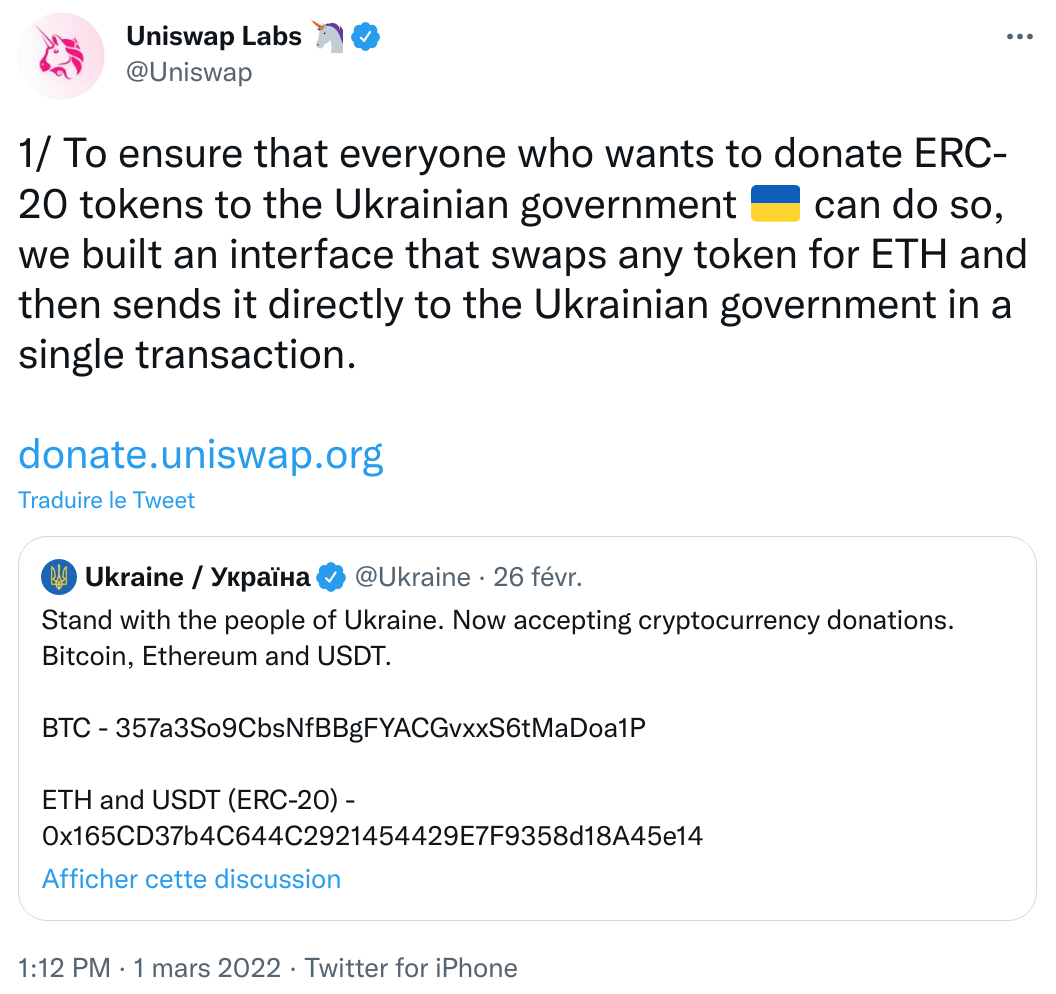 Tweet d'Uniswap annonçant une interface ou on peut swapper n'importe quelle crypto en ETH pour faire des dons à l'Ukraine.