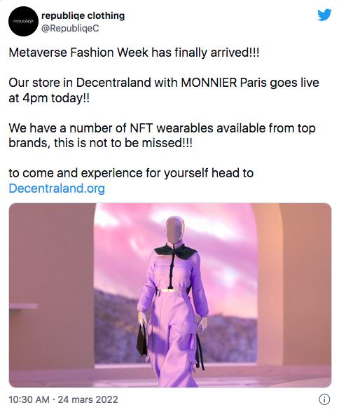 Republiqe Clothing exhibe ses créations de mode NFT sur le métavers Decentraland