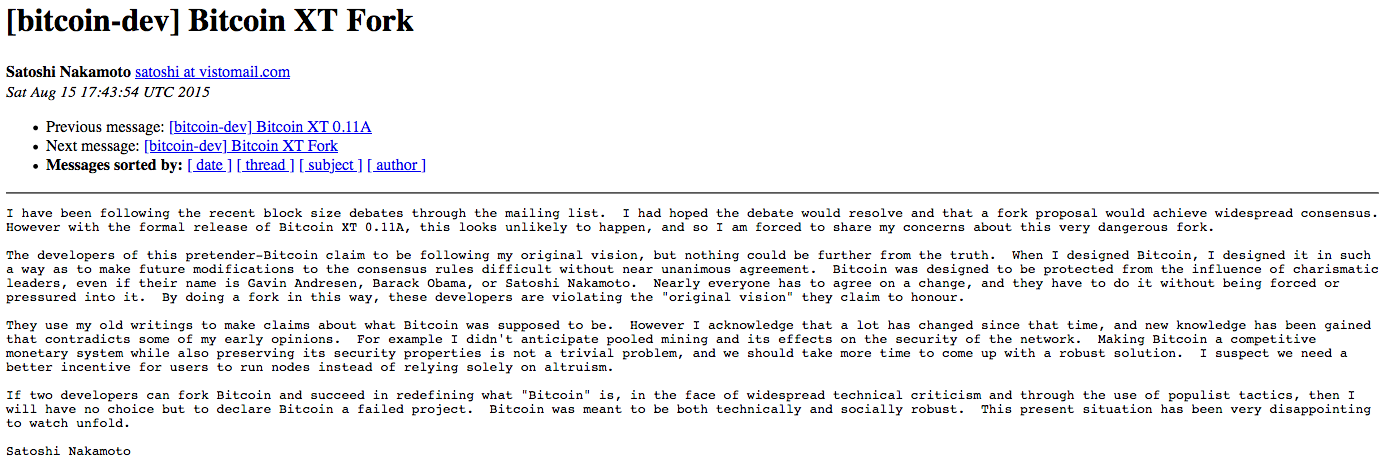 Satoshi Nakamoto ne supporte pas l'idée que l'on veuille augmenter la taille des blocs et intervient suite à l'annonce du hard-fork Bitcoin XT par Mike Hearn.