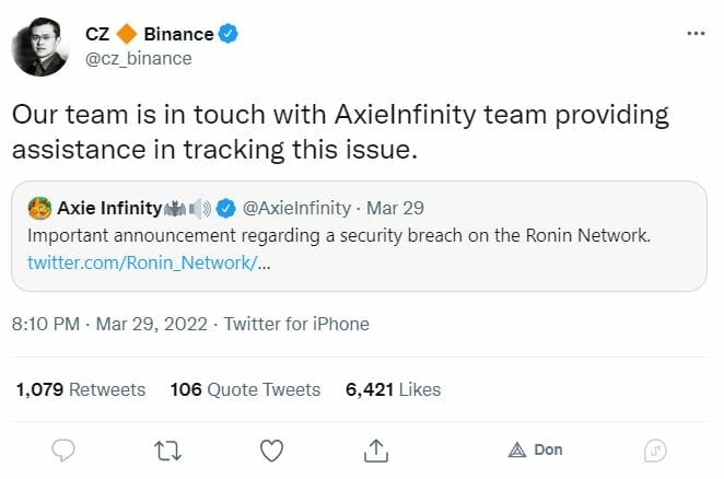 Tweet de CZ, PDG de Binance 