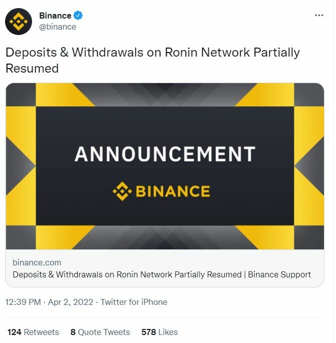 Tweet de Binance 